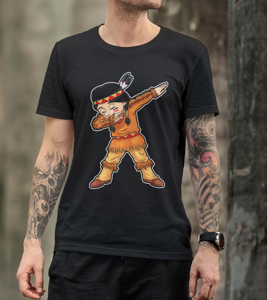 Dabbing Native American Pilgrim In Traditional Attire T-Shirt
