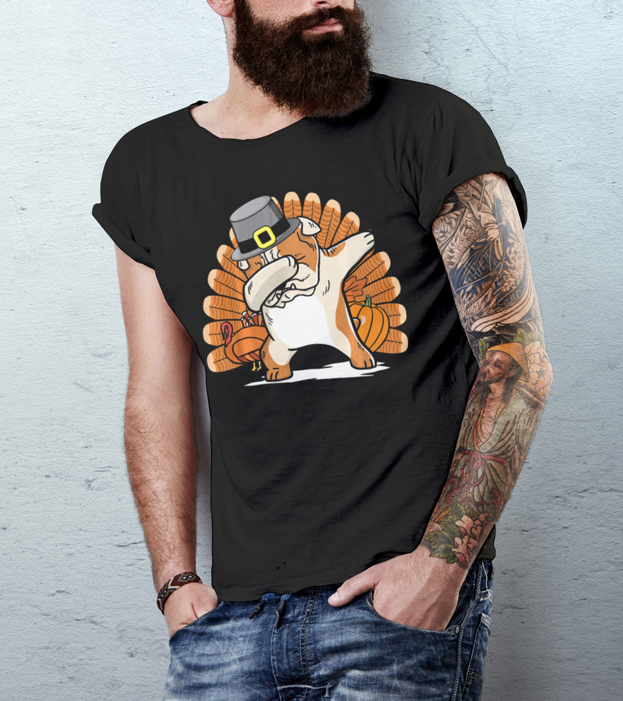 Funny Dabbing English Bulldog Thanksgiving Pilgrim Turkey Pumpkin T-Shirt