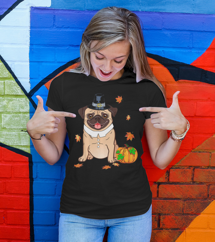 Thanksgiving Pug Pilgrim Hat Pumpkin Leaves T-Shirt