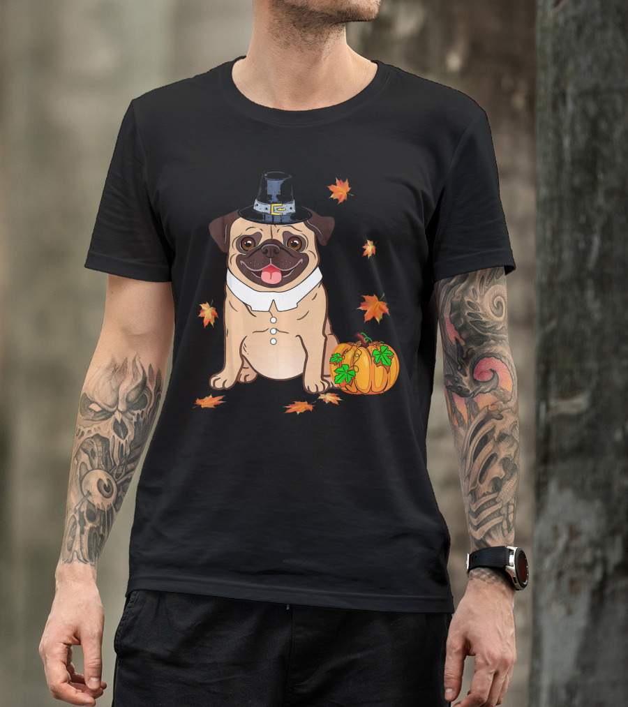 Thanksgiving Pug Pilgrim Hat Pumpkin Leaves T-Shirt