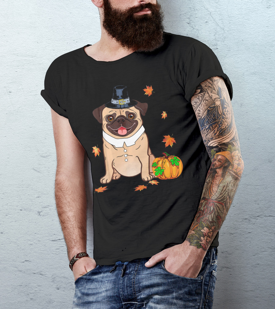 Thanksgiving Pug Pilgrim Hat Pumpkin Leaves T-Shirt