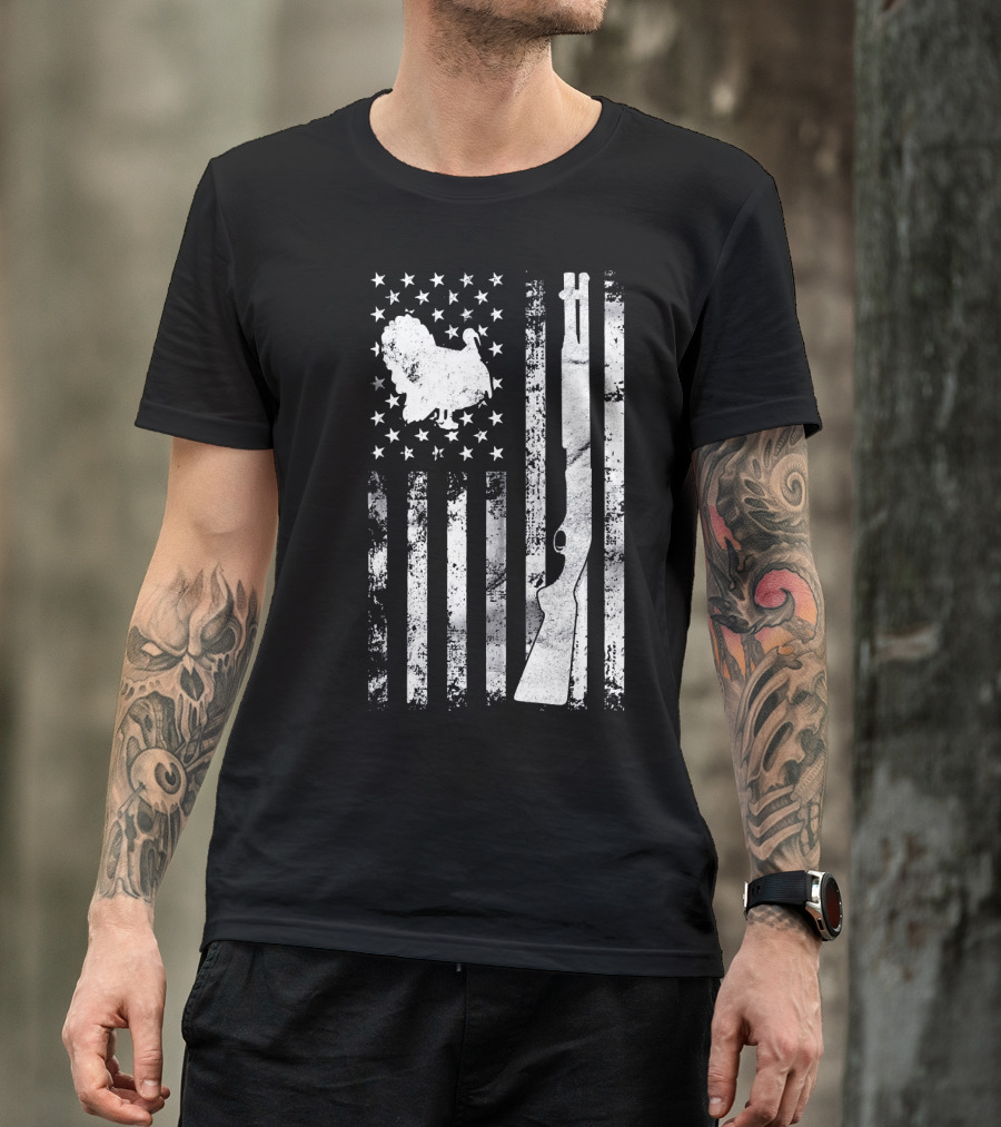 Turkey Hunting American Flag With Rifle And Stars T-Shirt