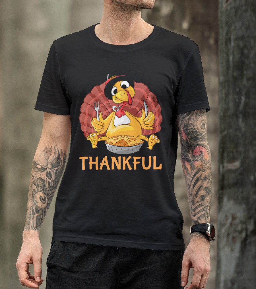 Thankful Turkey With Pie And Pilgrim Hat T-Shirt