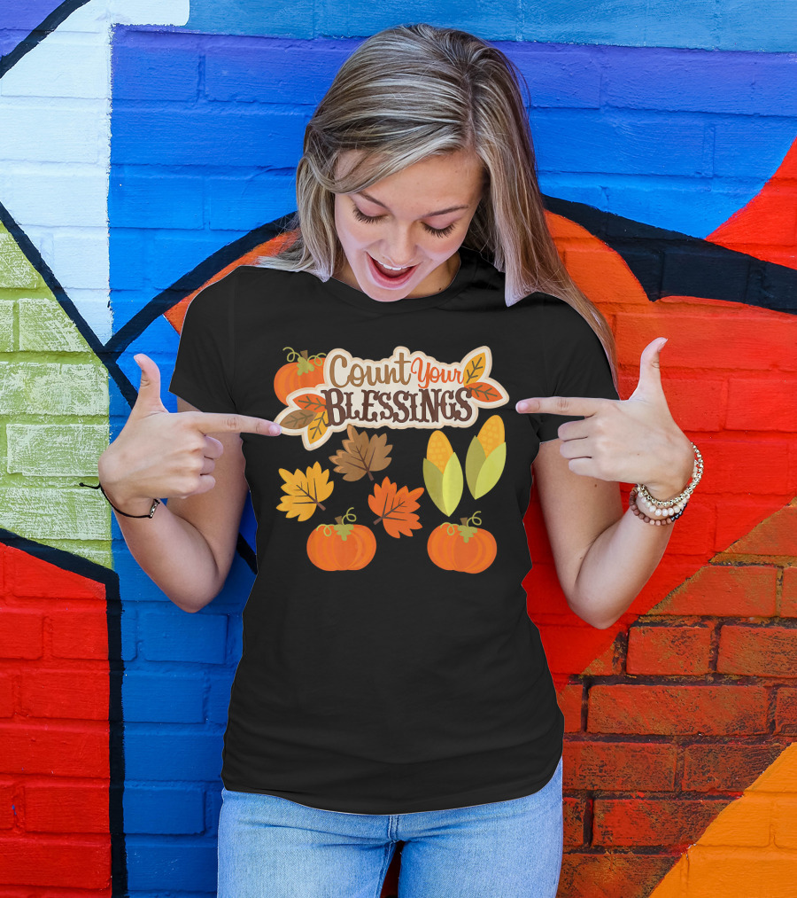 Count Your Blessings Harvest Fall Thanks Autumn Leaves Pumpkins Corn T-Shirt