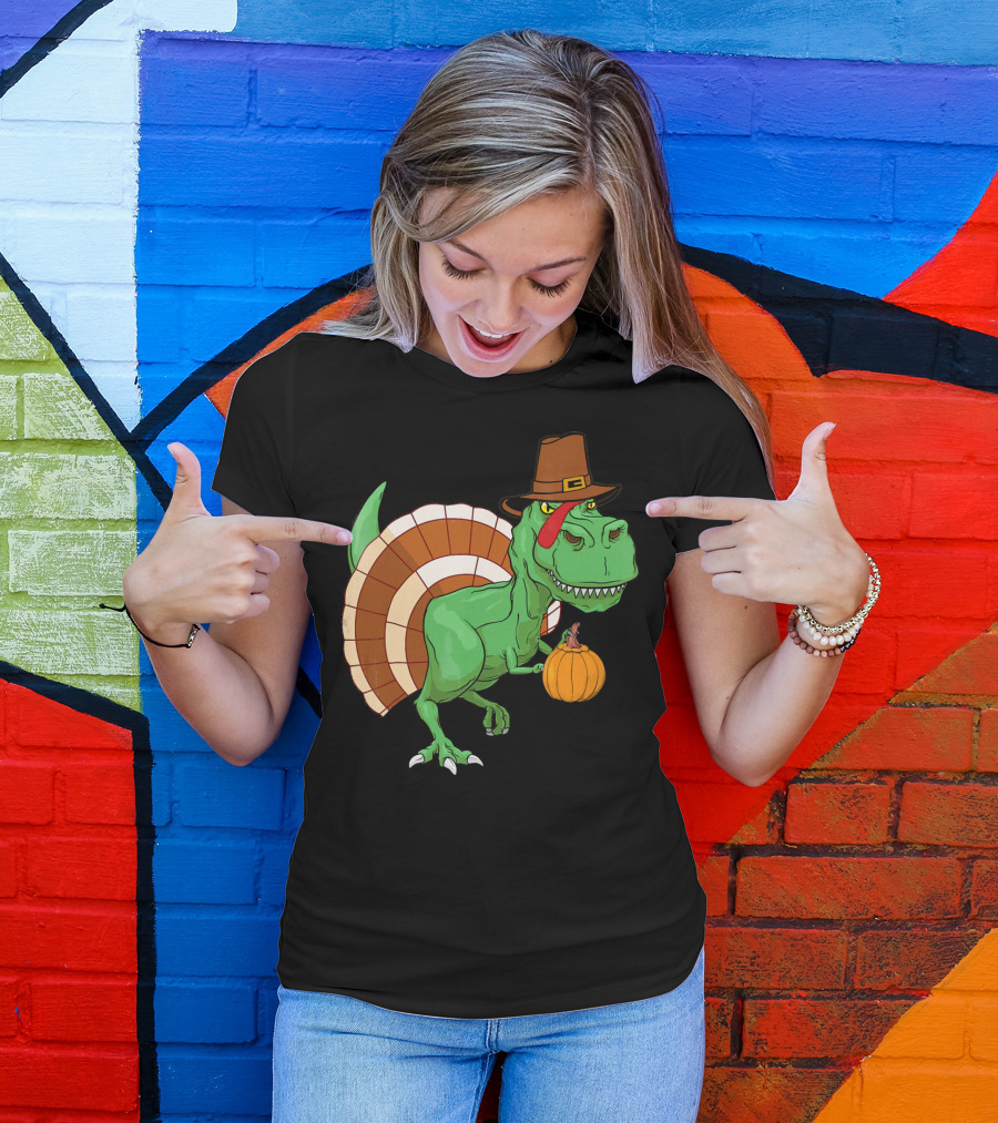 Thanksgiving T-Rex Turkey With Pilgrim Hat And Pumpkin T-Shirt