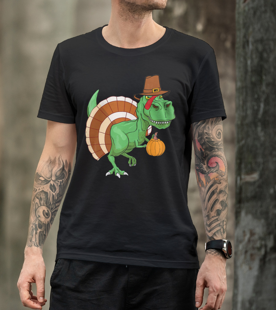 Thanksgiving T-Rex Turkey With Pilgrim Hat And Pumpkin T-Shirt