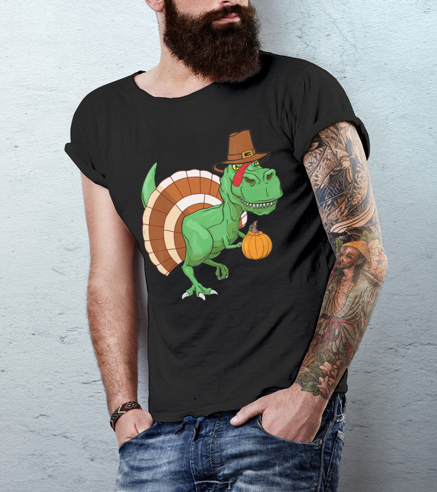 Thanksgiving T-Rex Turkey With Pilgrim Hat And Pumpkin T-Shirt