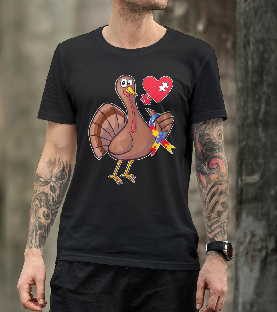 Funny Autism Awareness Turkey Heart Puzzle T-Shirt