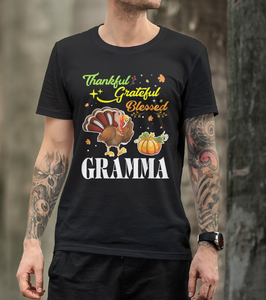 Thankful Grateful Blessed Gramma Turkey Pumpkin Thanksgiving Fall Leaves T-Shirt