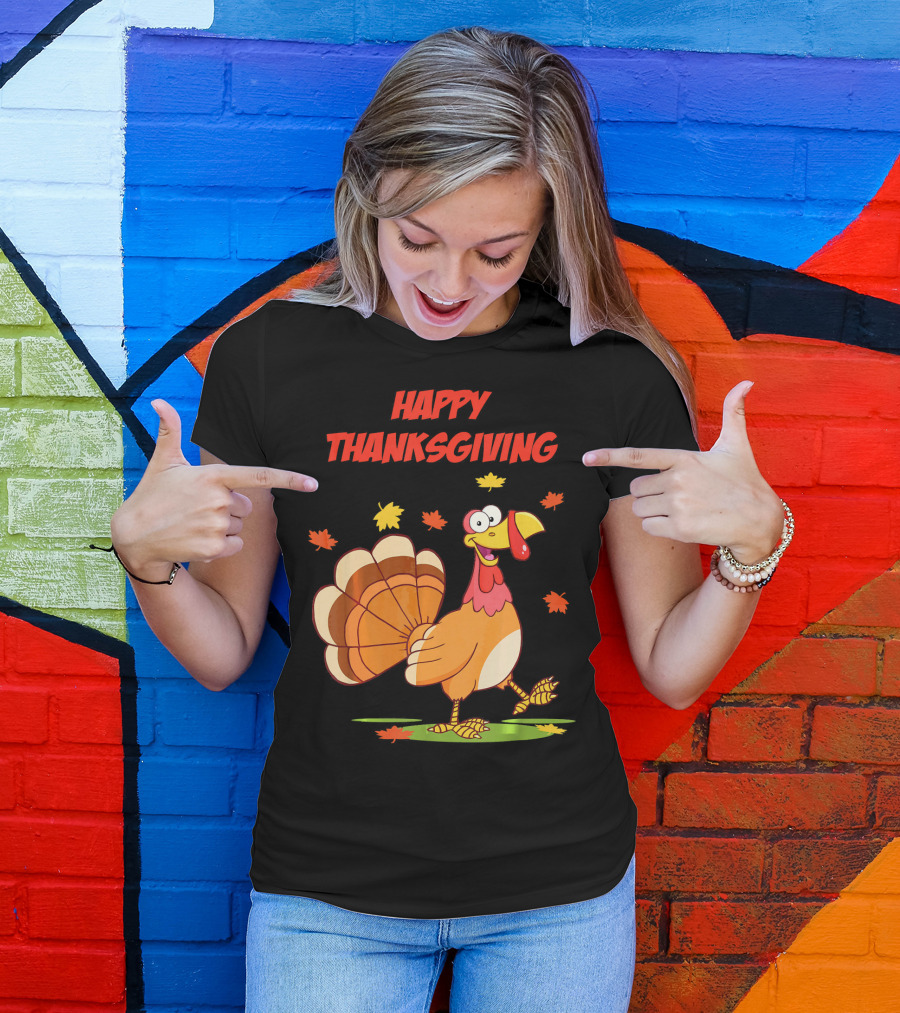 Happy Thanksgiving Funny Turkey Festive Cartoon With Falling Leaves T-Shirt