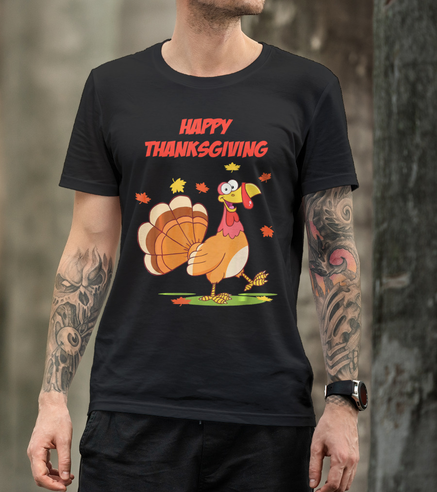 Happy Thanksgiving Funny Turkey Festive Cartoon With Falling Leaves T-Shirt