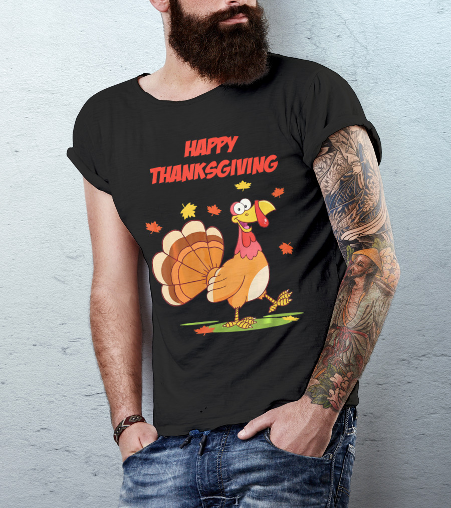 Happy Thanksgiving Funny Turkey Festive Cartoon With Falling Leaves T-Shirt
