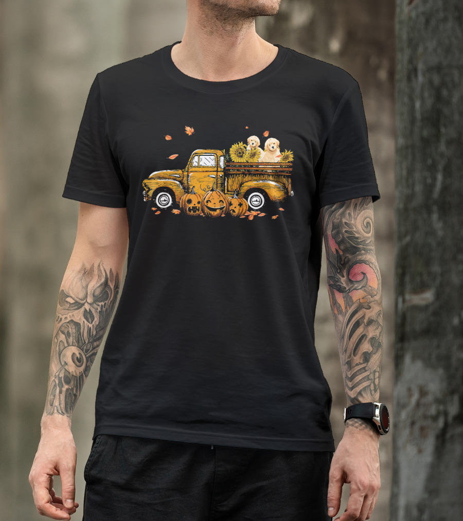 Pumpkin Truck With Sunflowers And Dogs Halloween Scene T-Shirt
