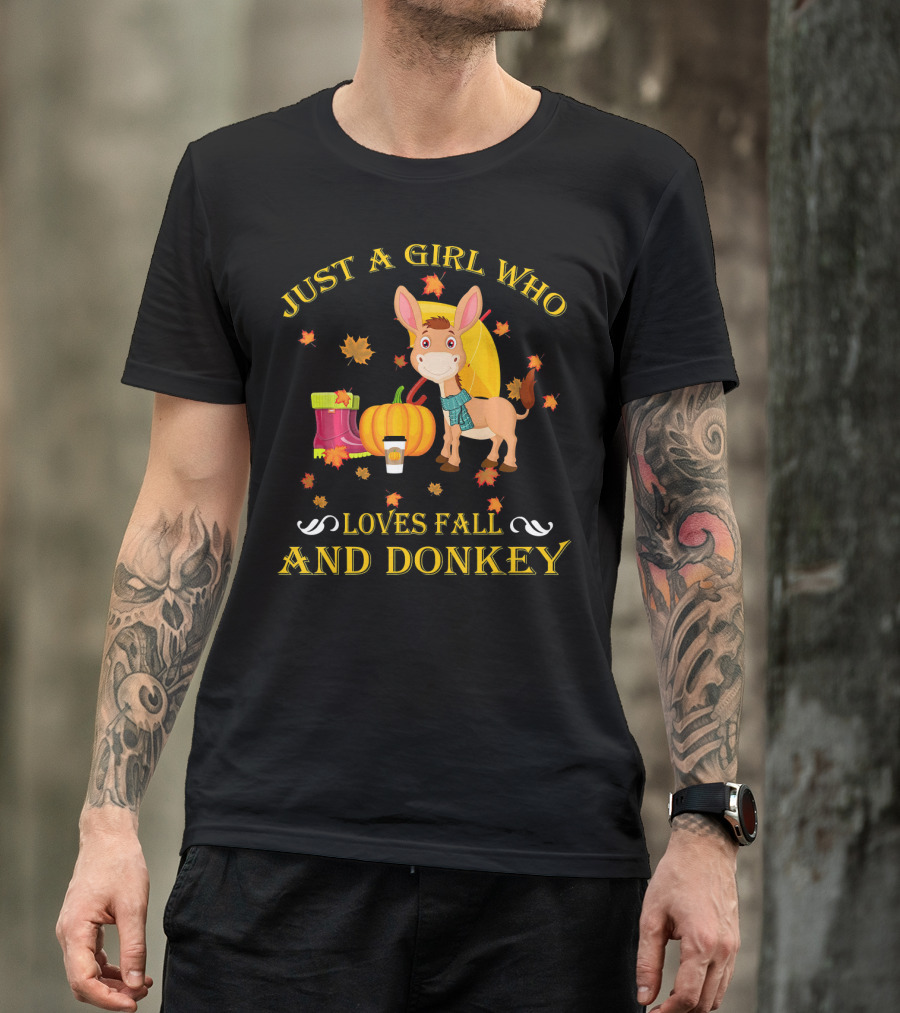 Just A Girl Who Loves Fall And Donkey Autumn Leaves Pumpkins And Boots T-Shirt