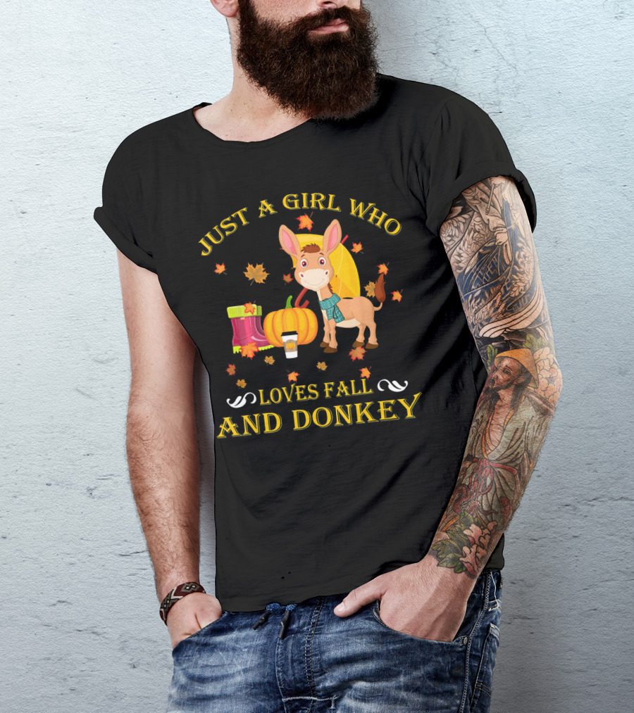 Just A Girl Who Loves Fall And Donkey Autumn Leaves Pumpkins And Boots T-Shirt