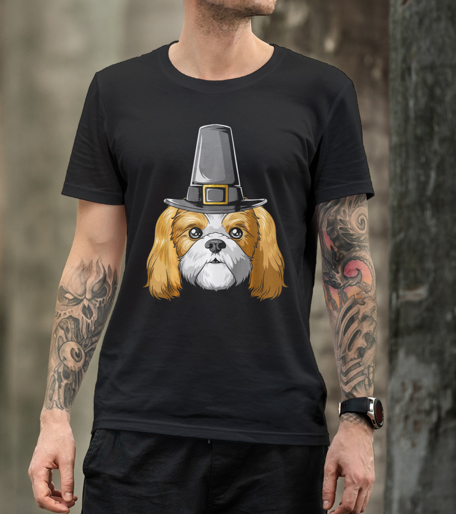 Shih Tzu Wearing Pilgrim Hat Thanksgiving T-Shirt