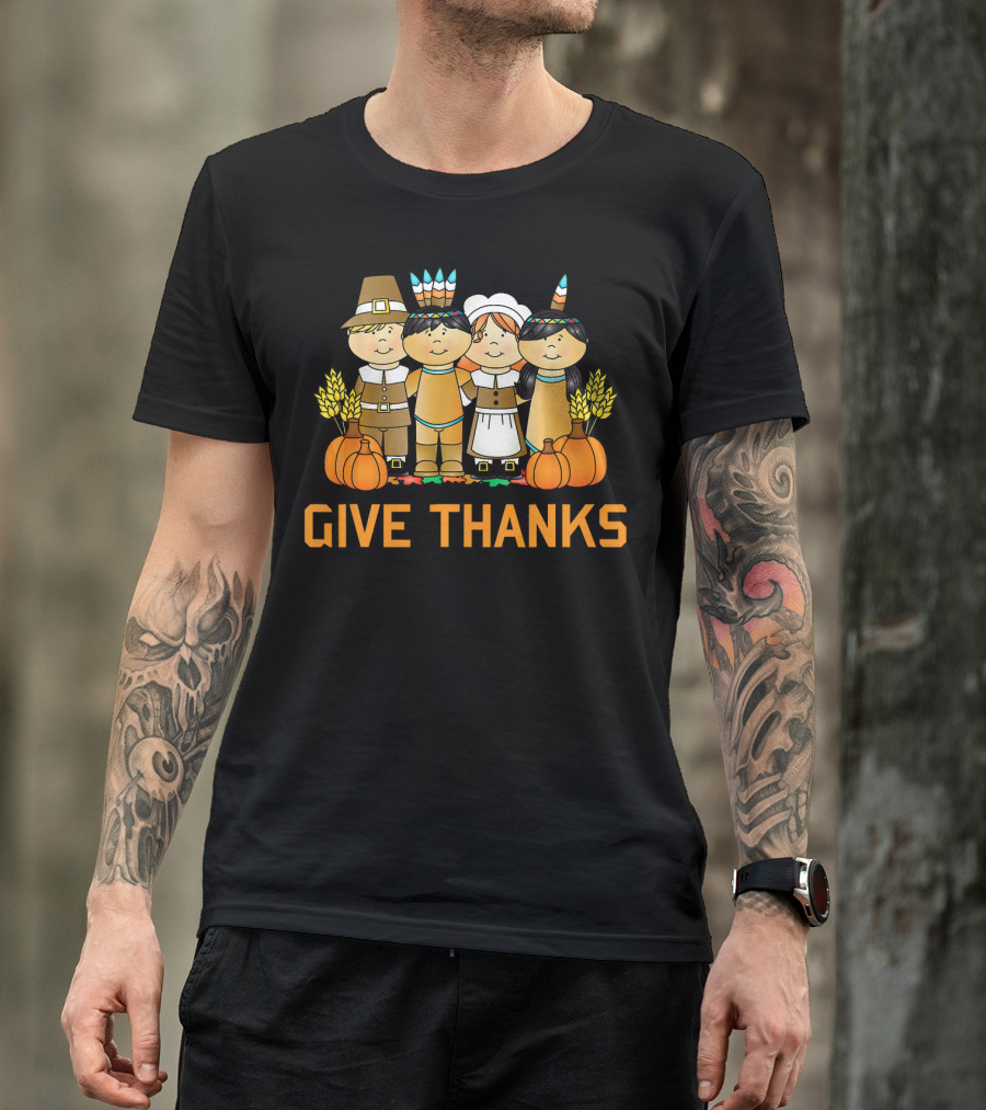 Give Thanks Pumpkin Harvest Pilgrim Native American T-Shirt