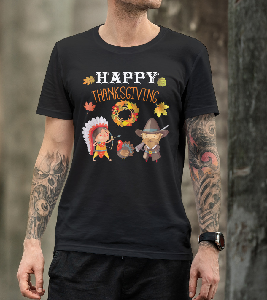 Thanksgiving Celebration With Native American And Pilgrim Turkey T-Shirt