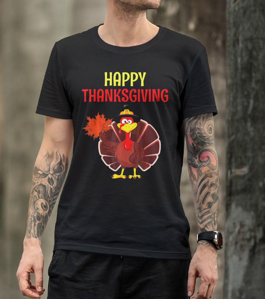 HAPPY THANKSGIVING Turkey Holding Leaf T-Shirt