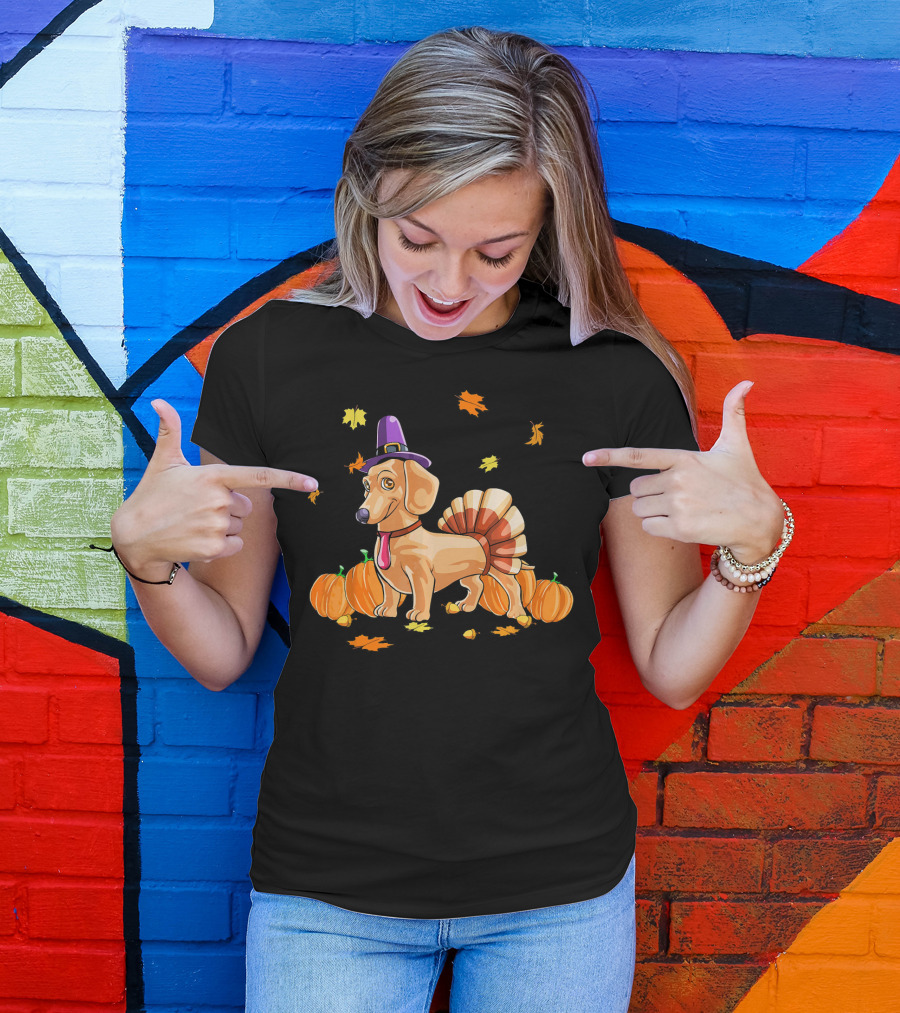 Happy Thanksgiving Dachshund Dressed As Turkey With Pumpkins And Fall Leaves T-Shirt