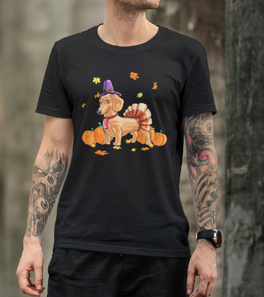 Happy Thanksgiving Dachshund Dressed As Turkey With Pumpkins And Fall Leaves T-Shirt