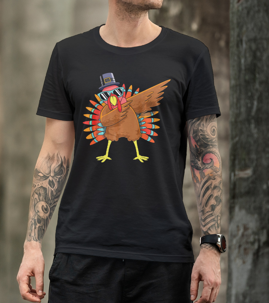 Funny Dabbing Turkey Dab Thanksgiving Bo Thanksgiving Turkey Dab Pilgrim Hat Sunglasses T-Shirt
