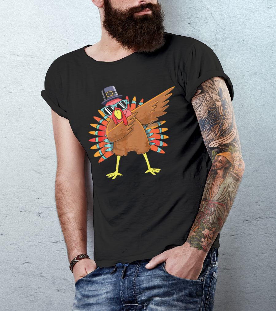 Funny Dabbing Turkey Dab Thanksgiving Bo Thanksgiving Turkey Dab Pilgrim Hat Sunglasses T-Shirt