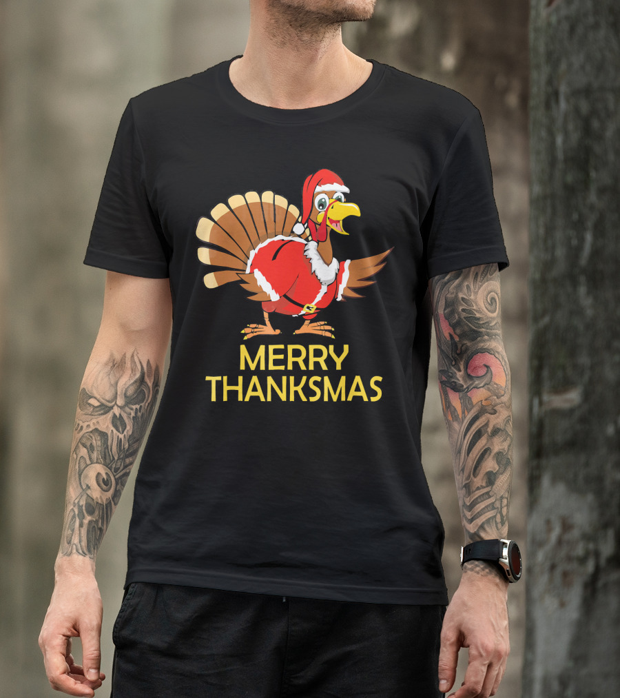 Merry Thanksmas Turkey Dressed In Santa Costume T-Shirt