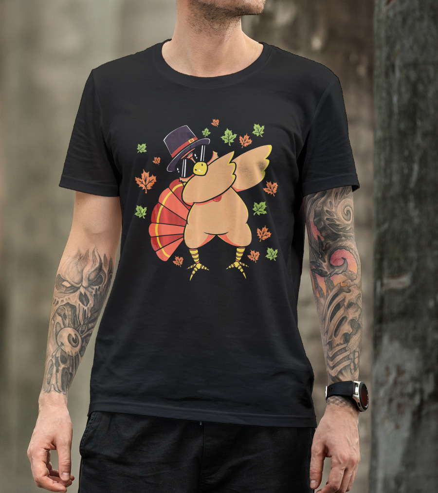 Cute Dabbing Turkey With Sunglasses And Pilgrim Hat Surrounded By Autumn Leaves T-Shirt
