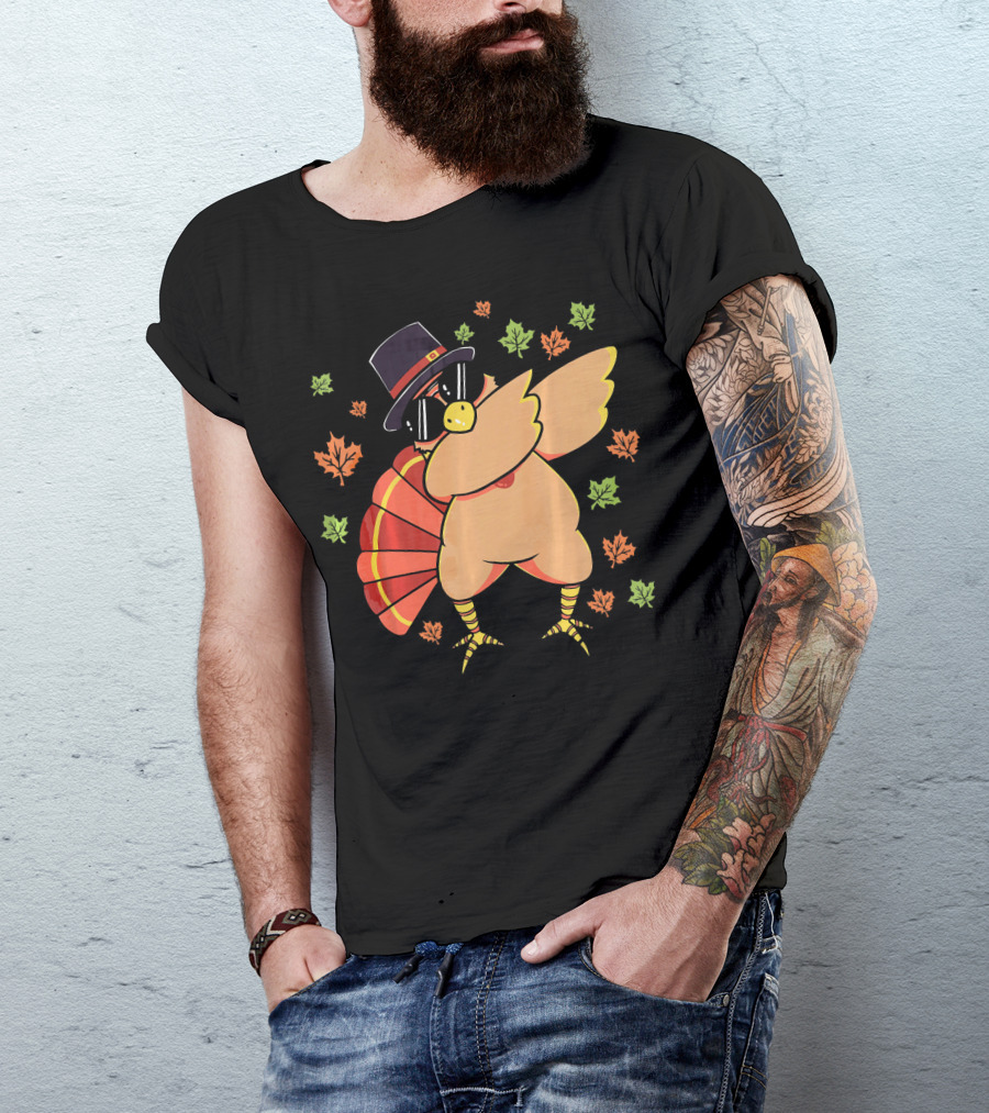 Cute Dabbing Turkey With Sunglasses And Pilgrim Hat Surrounded By Autumn Leaves T-Shirt