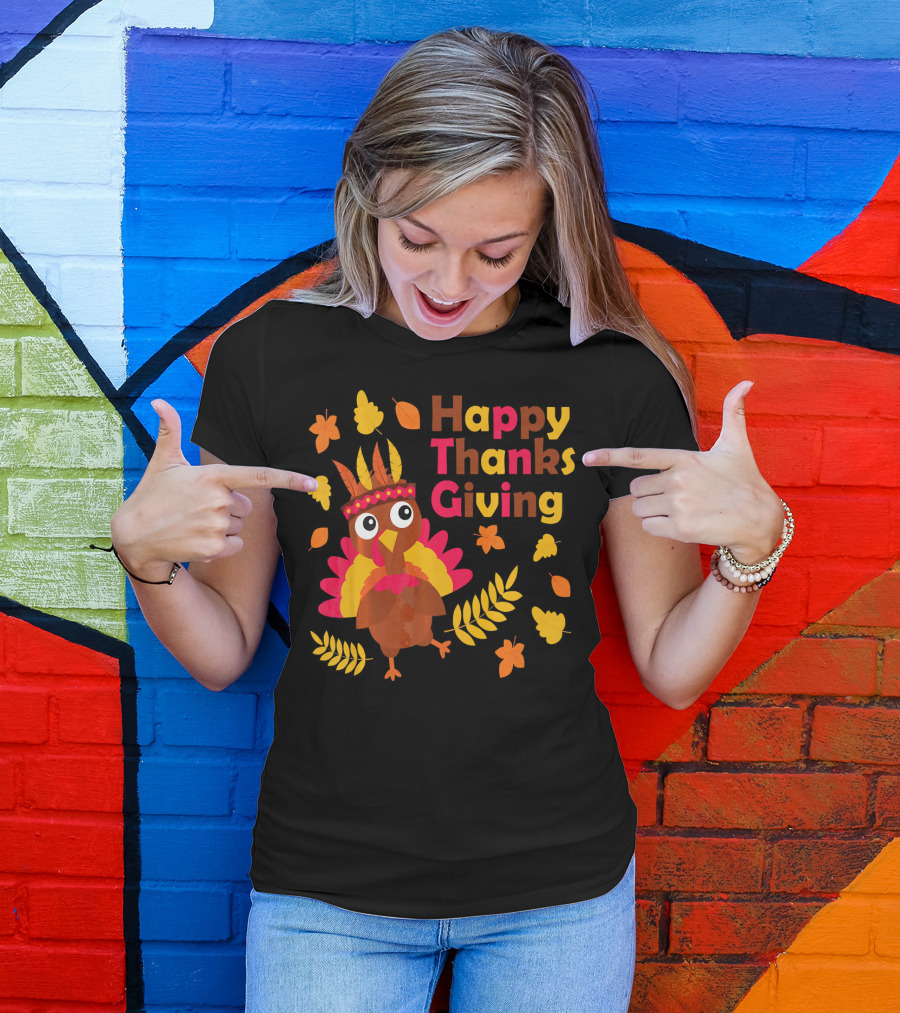Happy Thanksgiving Cute Turkey With Native American Inspired Details And Autumn Leaves T-Shirt