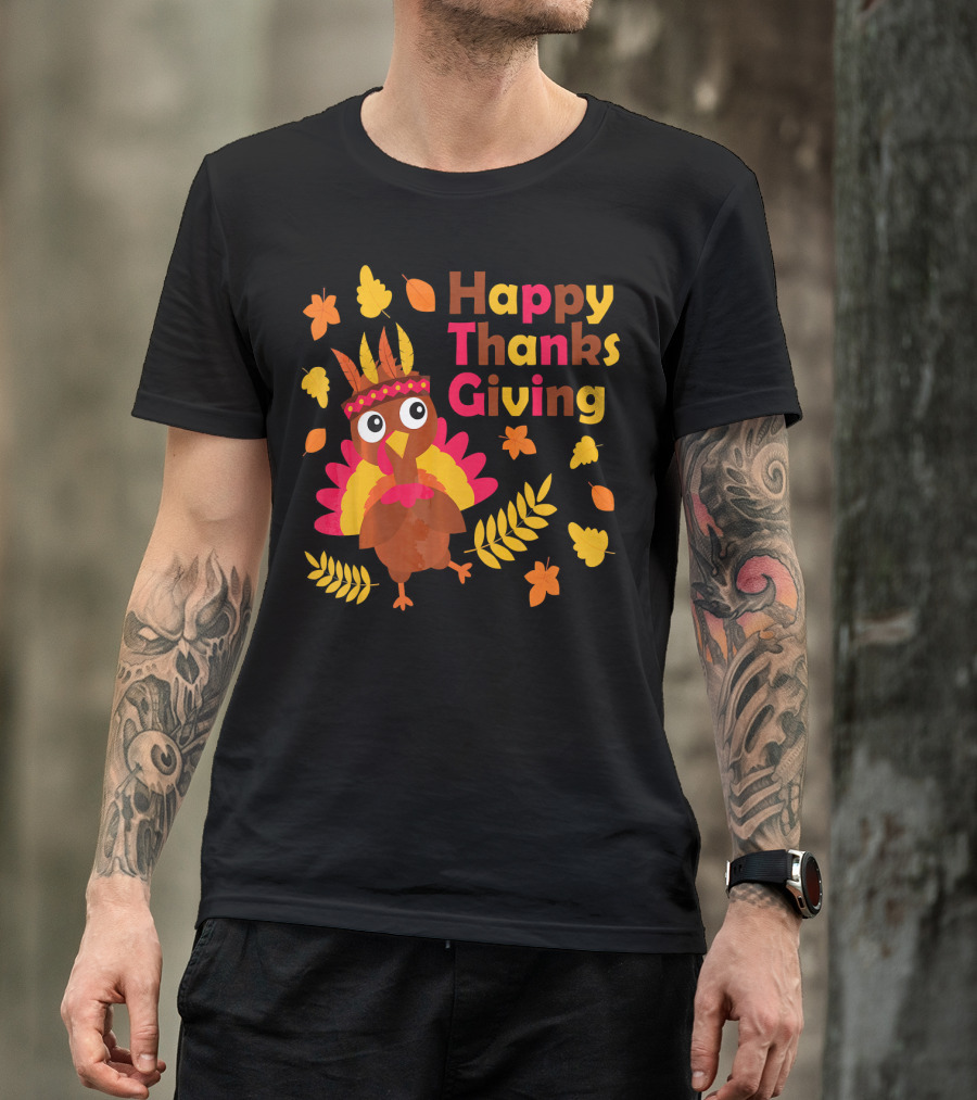 Happy Thanksgiving Cute Turkey With Native American Inspired Details And Autumn Leaves T-Shirt