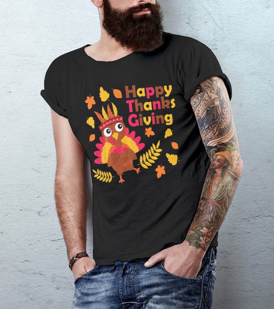 Happy Thanksgiving Cute Turkey With Native American Inspired Details And Autumn Leaves T-Shirt
