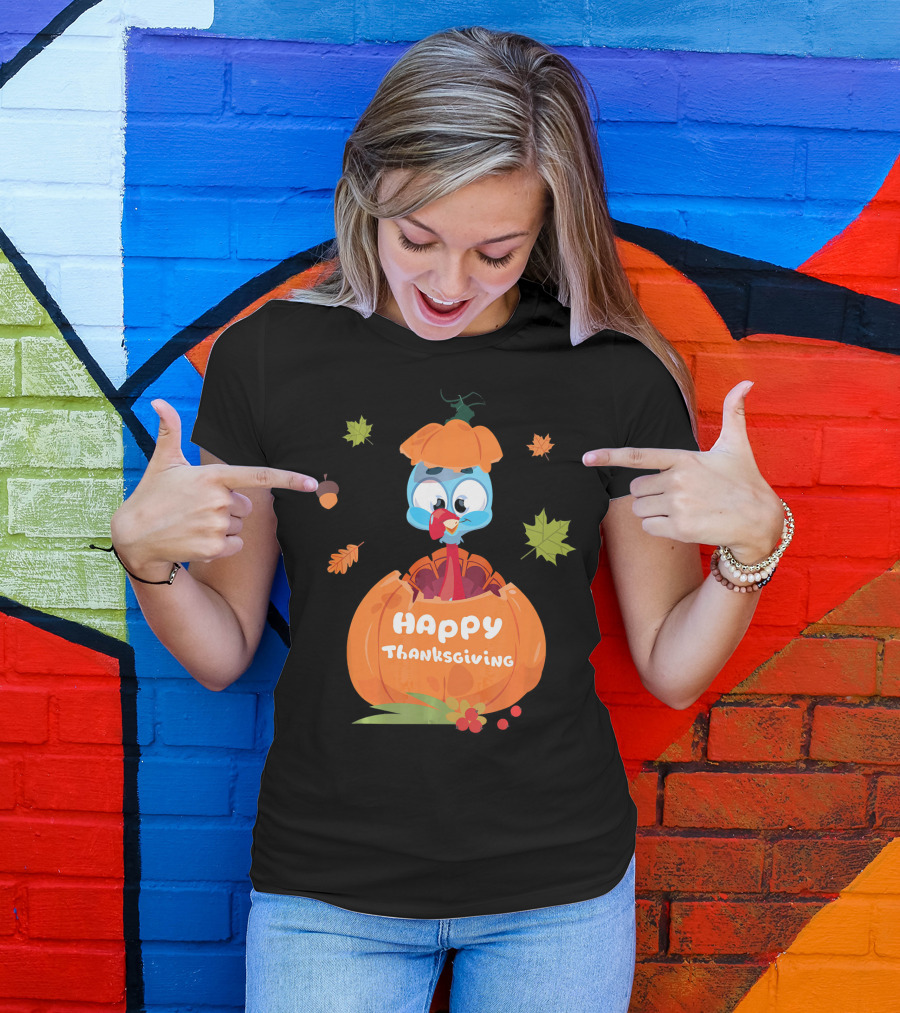 Happy Thanksgiving Cute Turkey Pilgrim In Pumpkin T-Shirt