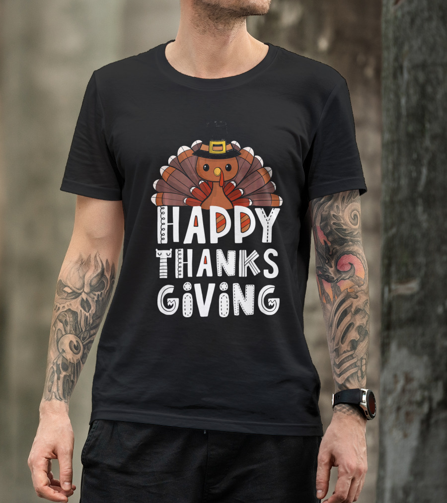 Happy Thanksgiving Funny Turkey Day With Pilgrim Hat T-Shirt
