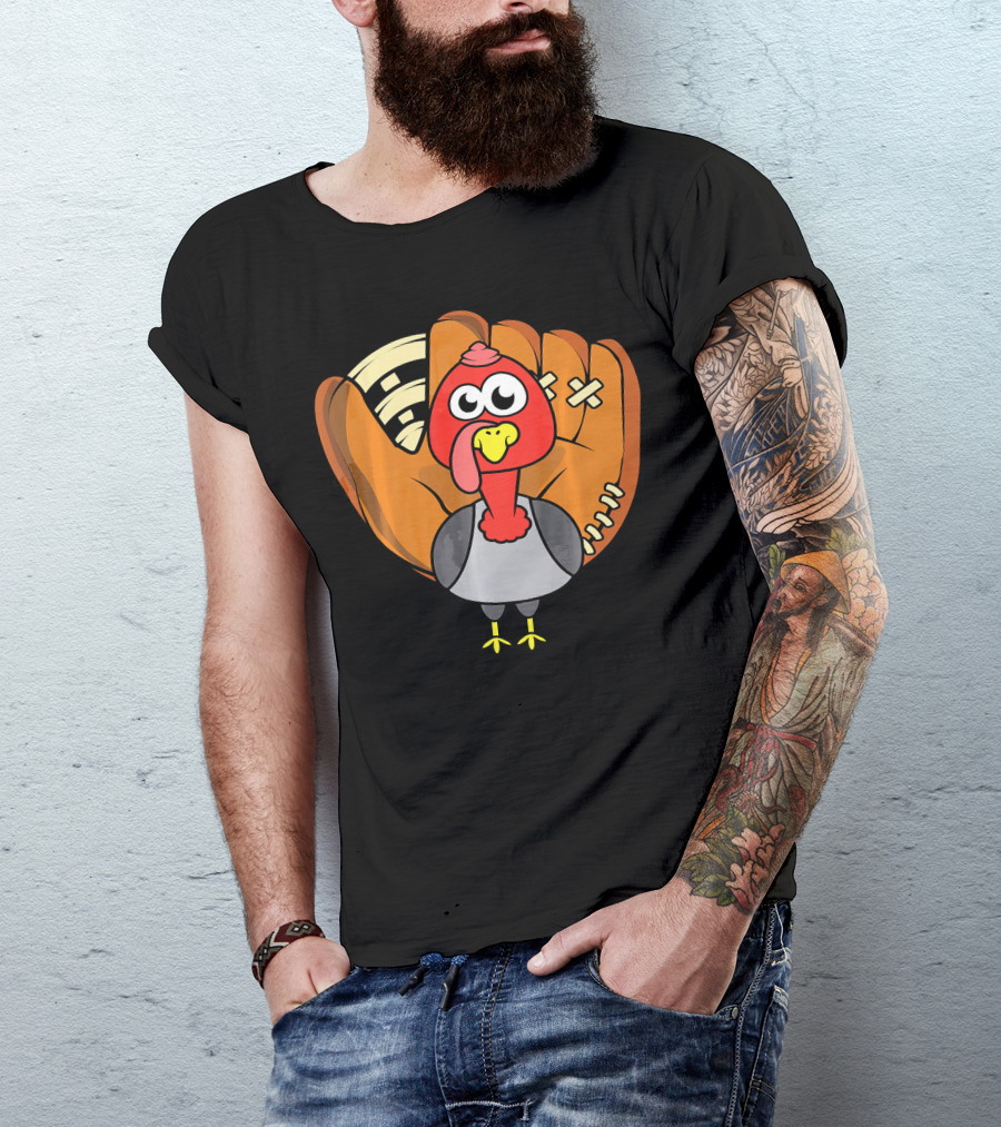 Turkey Day Cute Thanksgiving Boys Turkey With Baseball Glove T-Shirt
