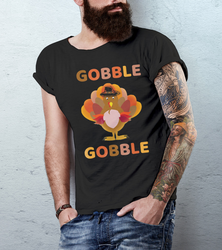 Gobble Gobble Thanksgiving Turkey With Pilgrim Hat T-Shirt