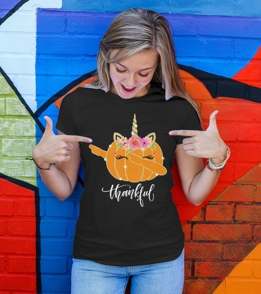 Thankful Dabbing Pumpkin Unicorn With Floral Crown T-Shirt