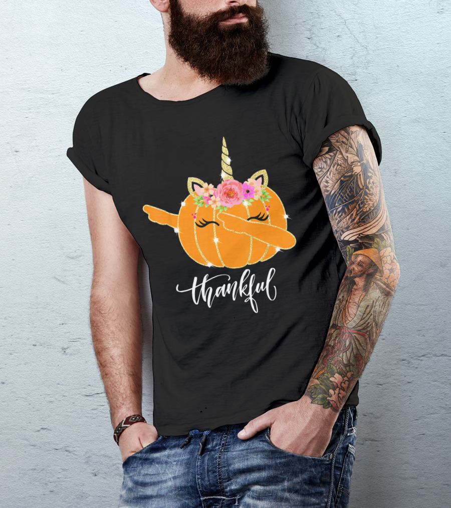 Thankful Dabbing Pumpkin Unicorn With Floral Crown T-Shirt