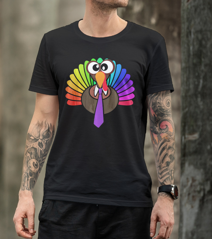 Turkey Face Tie Thanksgiving Colorful Feathers T-Shirt