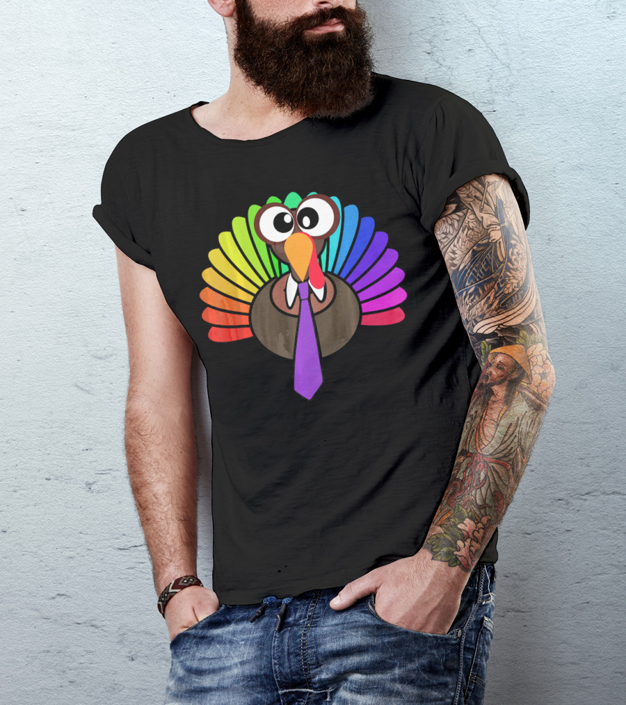 Turkey Face Tie Thanksgiving Colorful Feathers T-Shirt