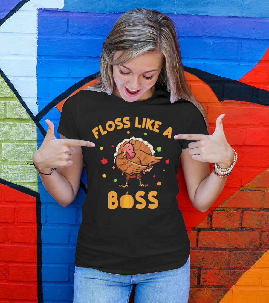 FLOSS LIKE A BOSS Dancing Turkey With Pumpkin And Leaves T-Shirt