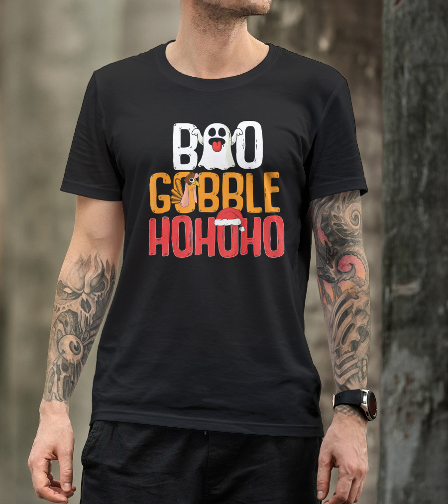 BOO GOBBLE HOHOHO Ghost Turkey Santa Hat T-Shirt