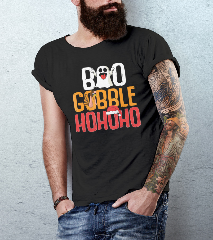 BOO GOBBLE HOHOHO Ghost Turkey Santa Hat T-Shirt