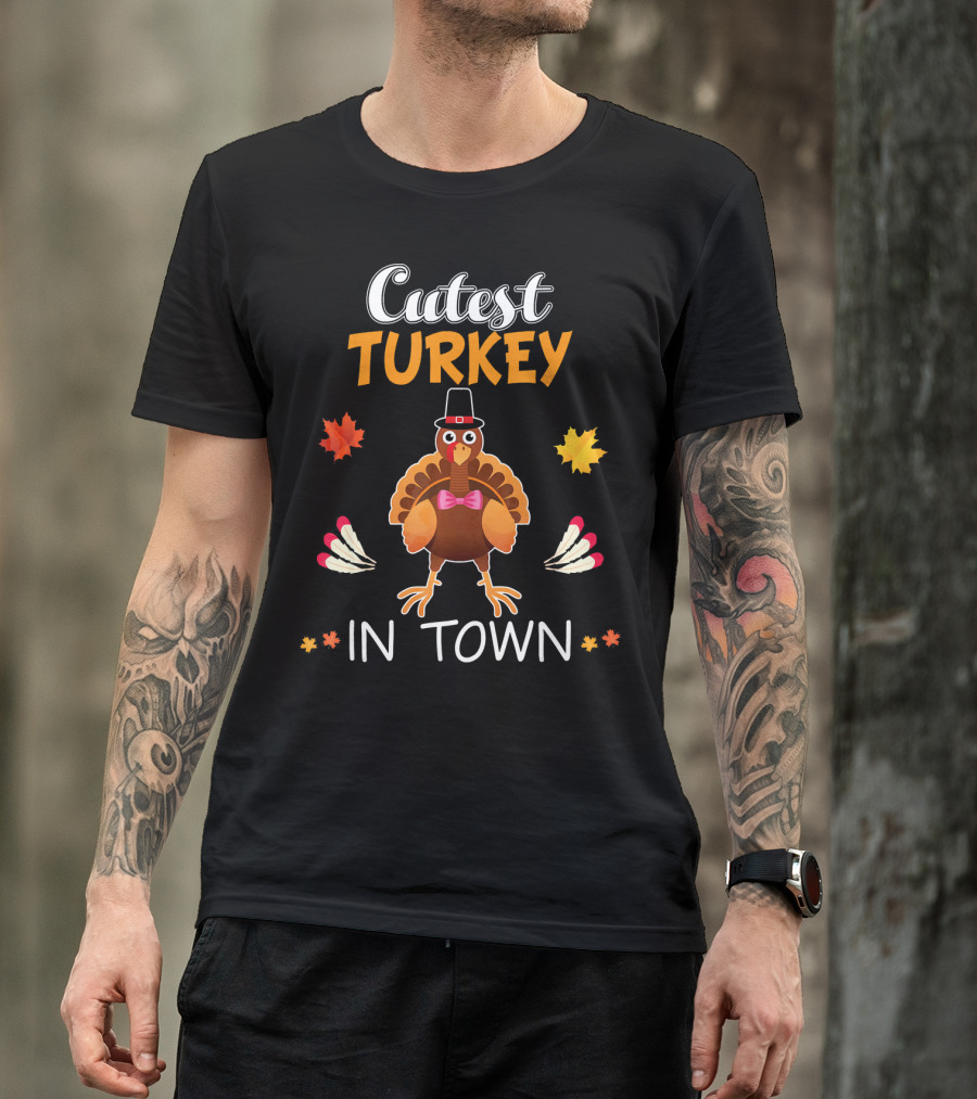Cutest Turkey In Town Cute Turkey Fall Leaves Bowtie T-Shirt