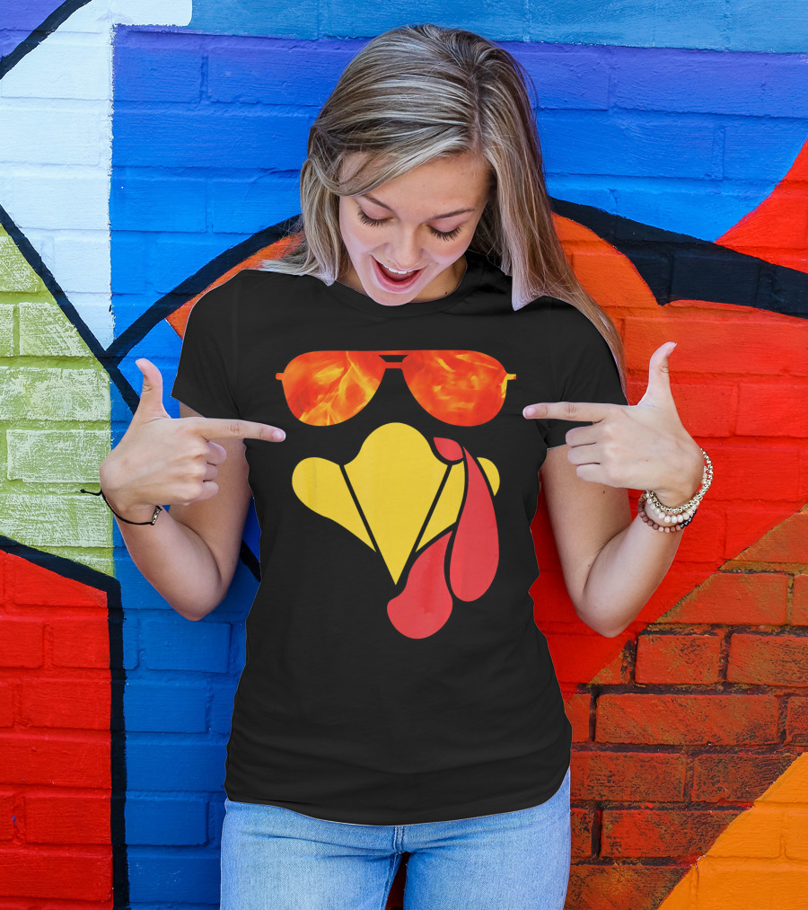 Turkey Face Thanksgiving Sunglasses Fire Flame T-Shirt