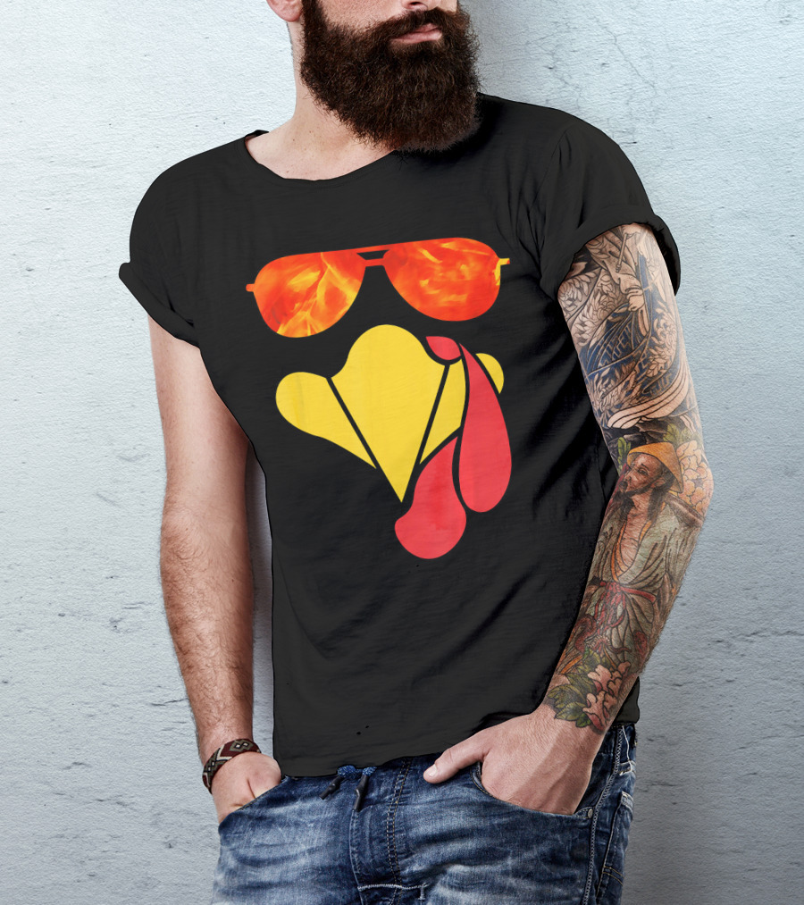 Turkey Face Thanksgiving Sunglasses Fire Flame T-Shirt
