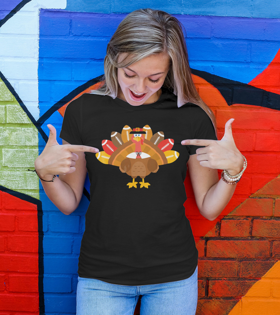 Thanksgiving Turkey Pilgrim Football Feathers T-Shirt