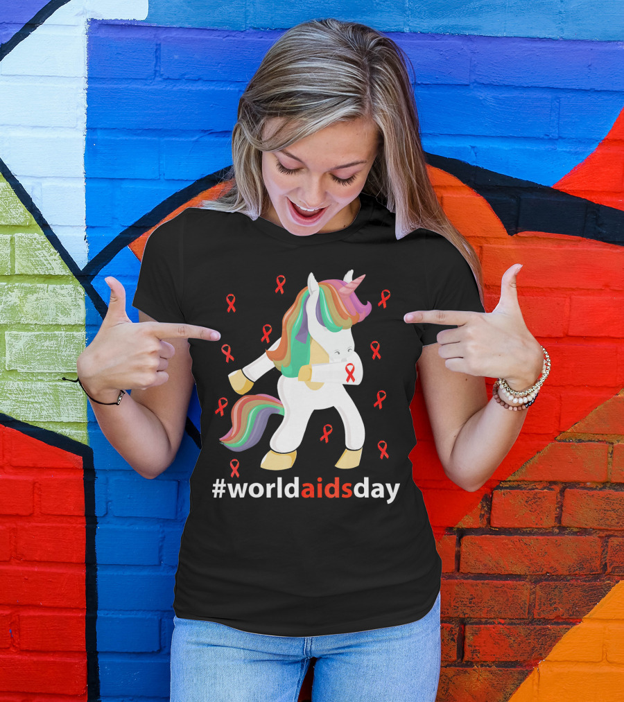 WorldAIDSDay Unicorn With Red Ribbons December 1st T-Shirt