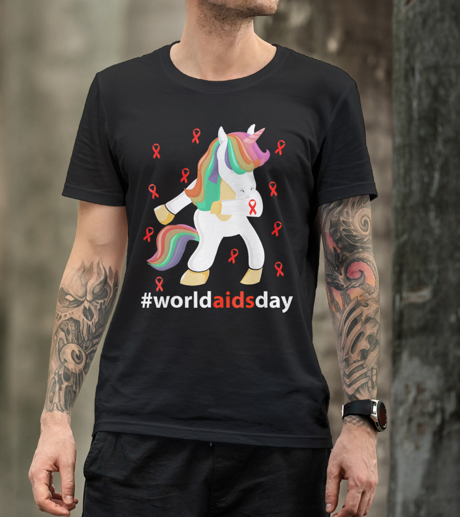 WorldAIDSDay Unicorn With Red Ribbons December 1st T-Shirt